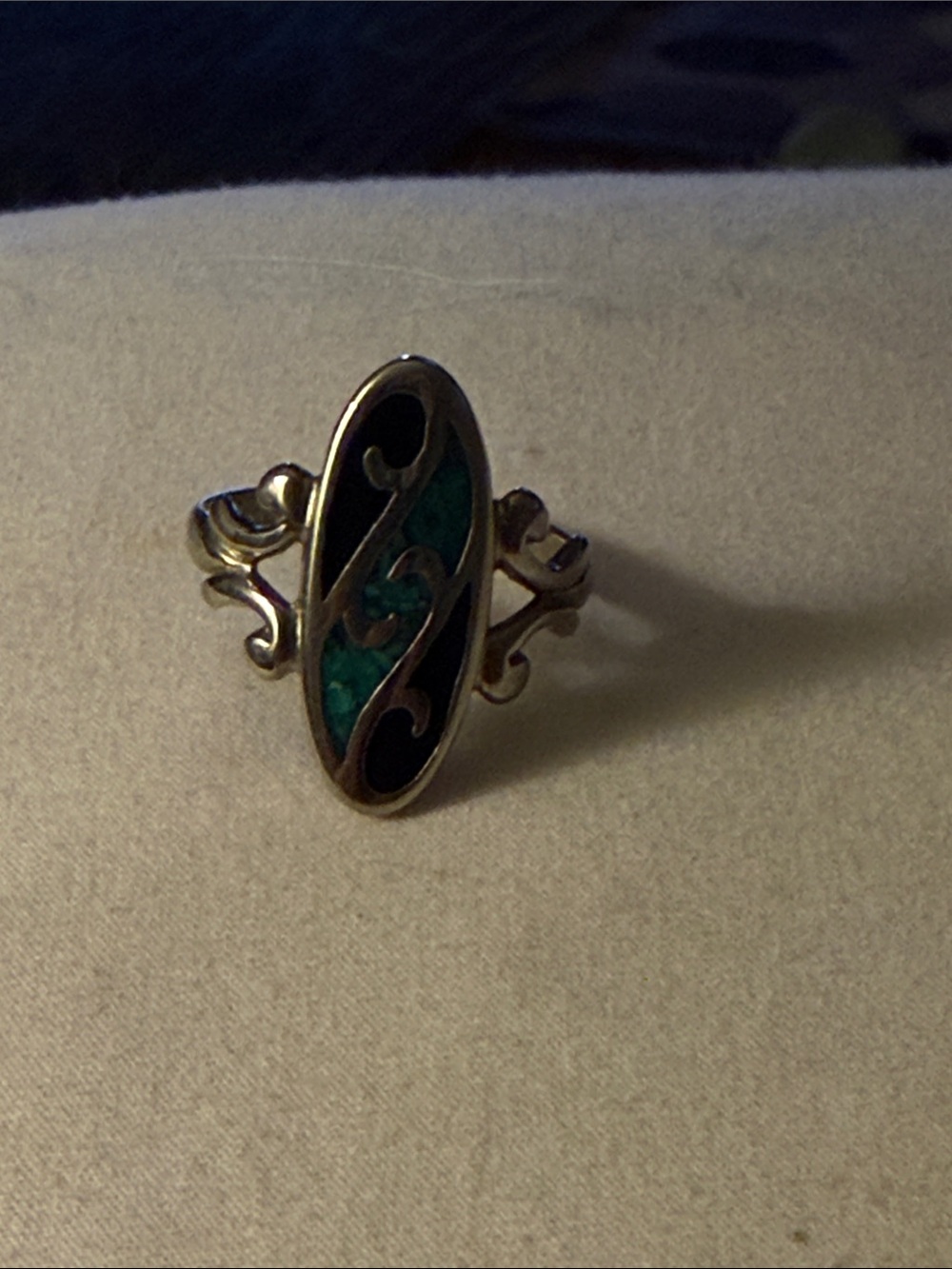 Sterling Silver Oval Green and Black Enamel Statement Ring